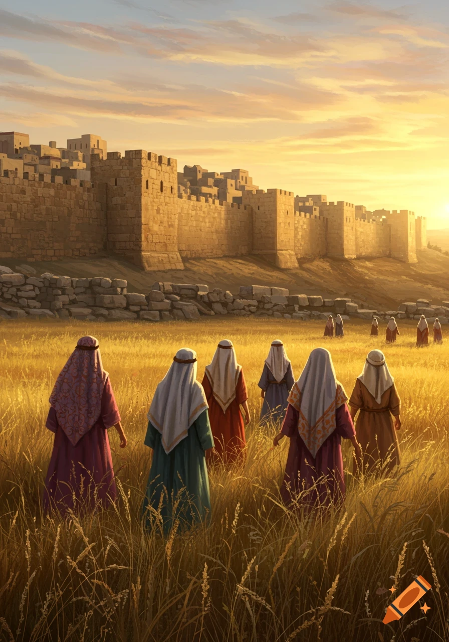 Group of women in colorful dresses and shawls walking through a golden field towards a walled city at sunset.