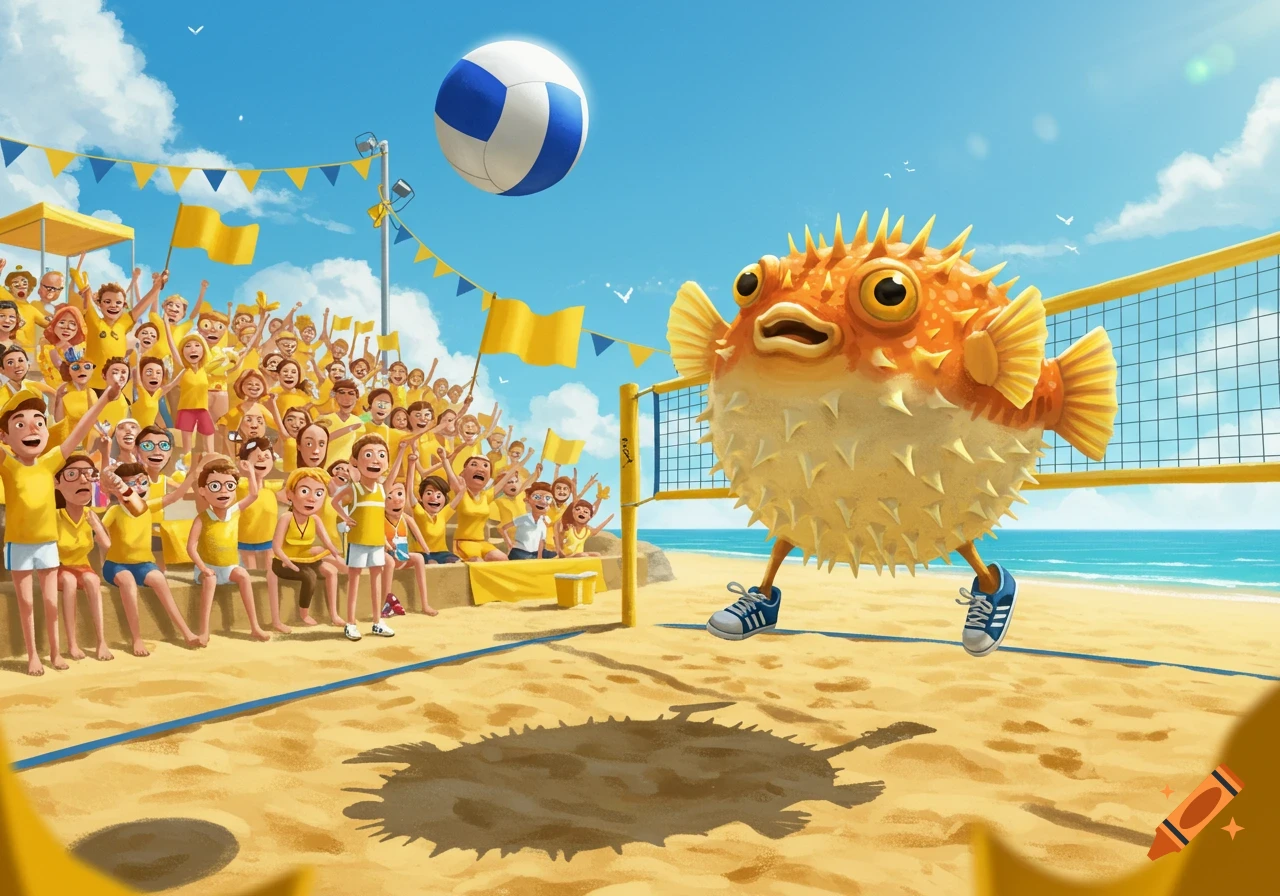 A cartoon pufferfish wearing sneakers plays beach volleyball while a crowd in yellow shirts cheers. Sunny beach scene with blue sky and ocean.