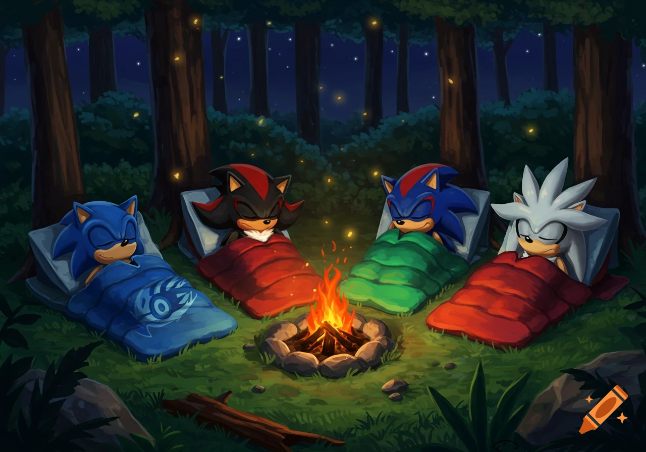 Four Sonic characters sleep in colorful sleeping bags around a campfire in a dark forest.
