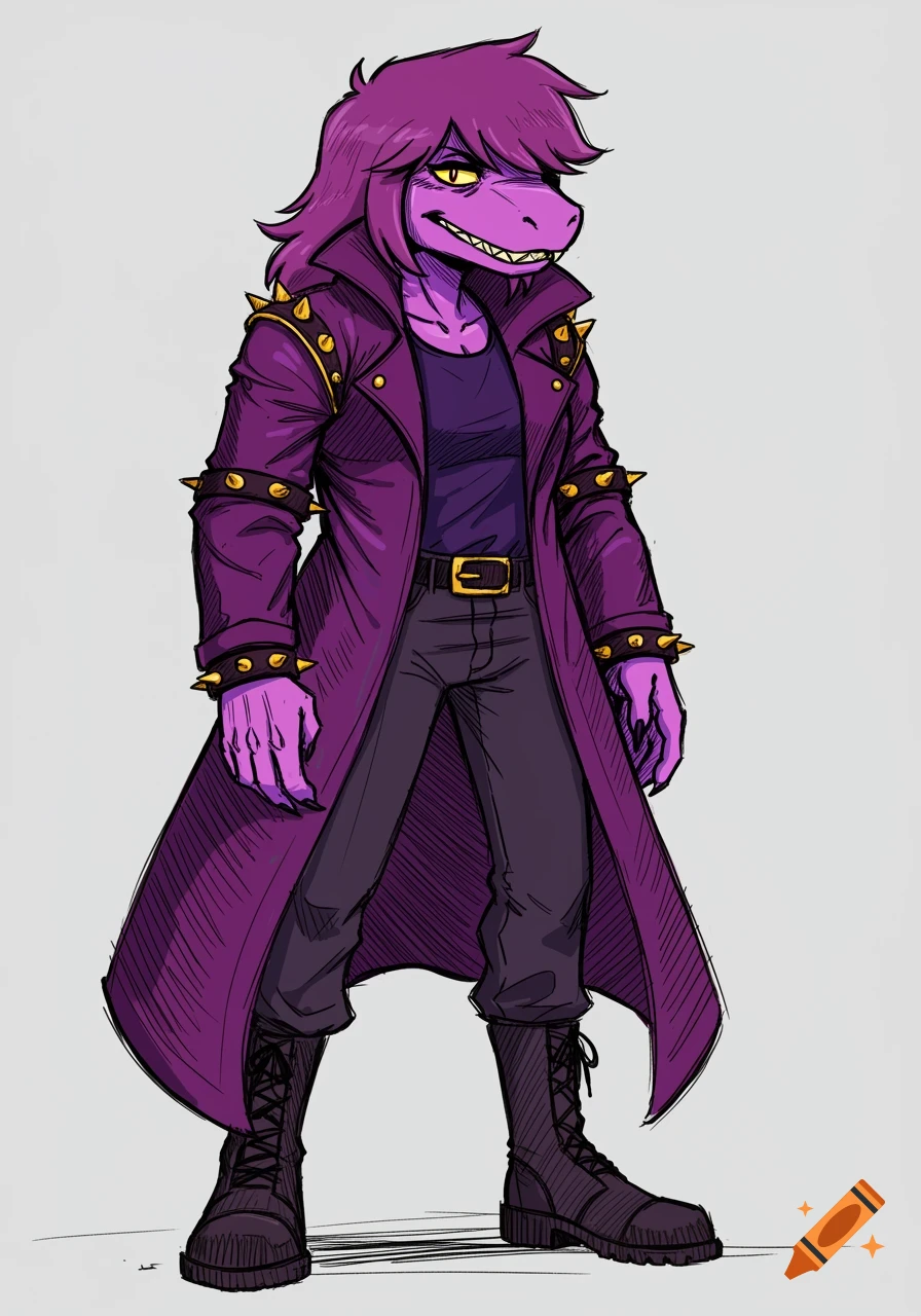 A sketchy comic art illustration of Susie, the purple anthropomorphic monster girl from Deltarune, wearing a purple trench coat and combat boots.