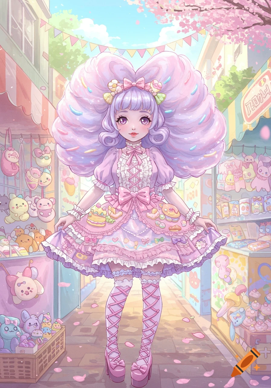 Anime girl with lavender cotton candy hair in a pink lolita dress at a pastel street market.