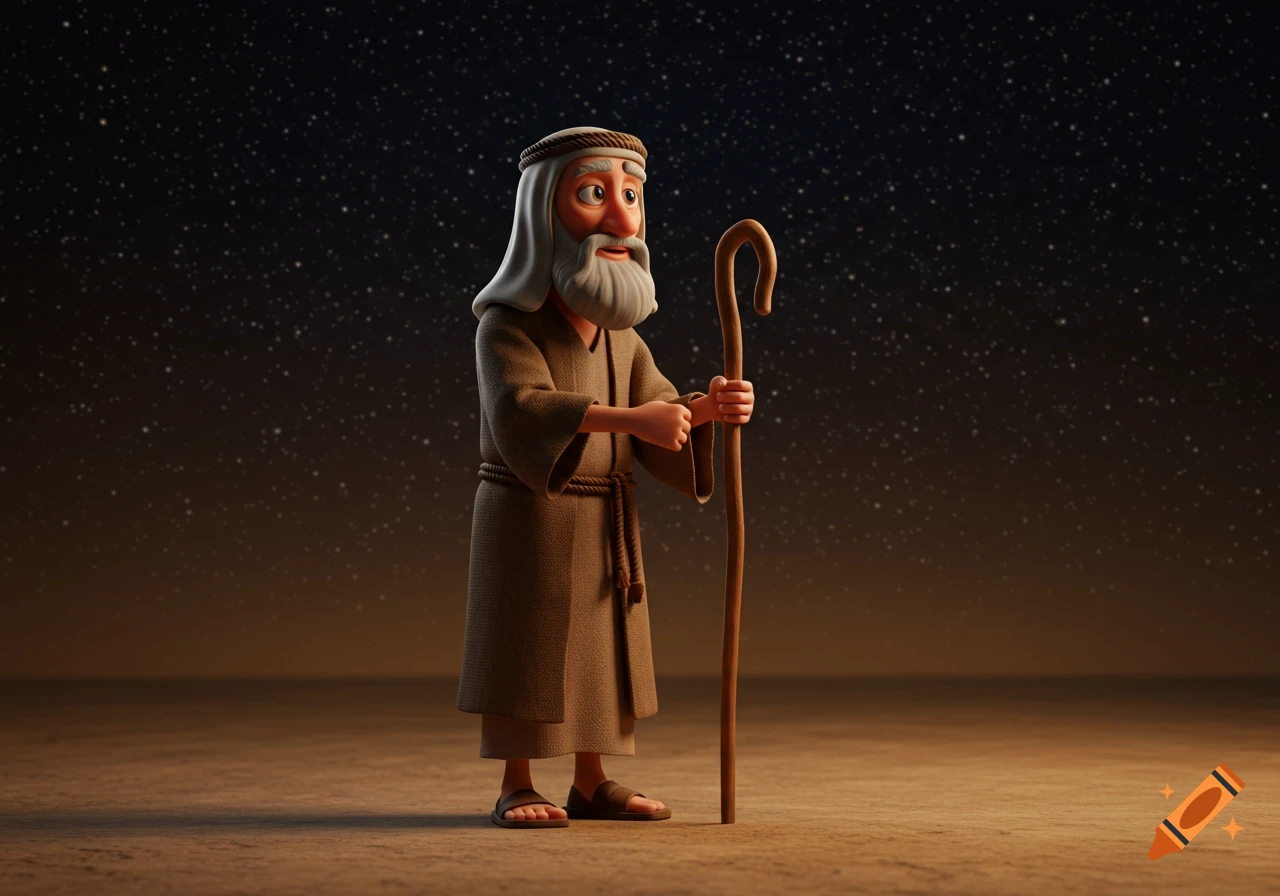 Pixar-style 3D render of an elderly man with a staff, wearing a robe, standing under a starry desert sky.