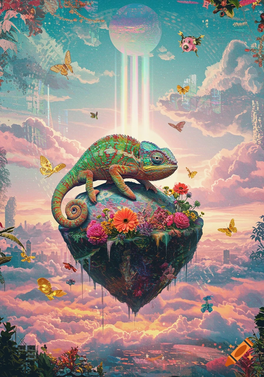 A vibrant chameleon on a flower-covered floating island, with butterflies, a glowing planet, and a surreal, cloudy sky.