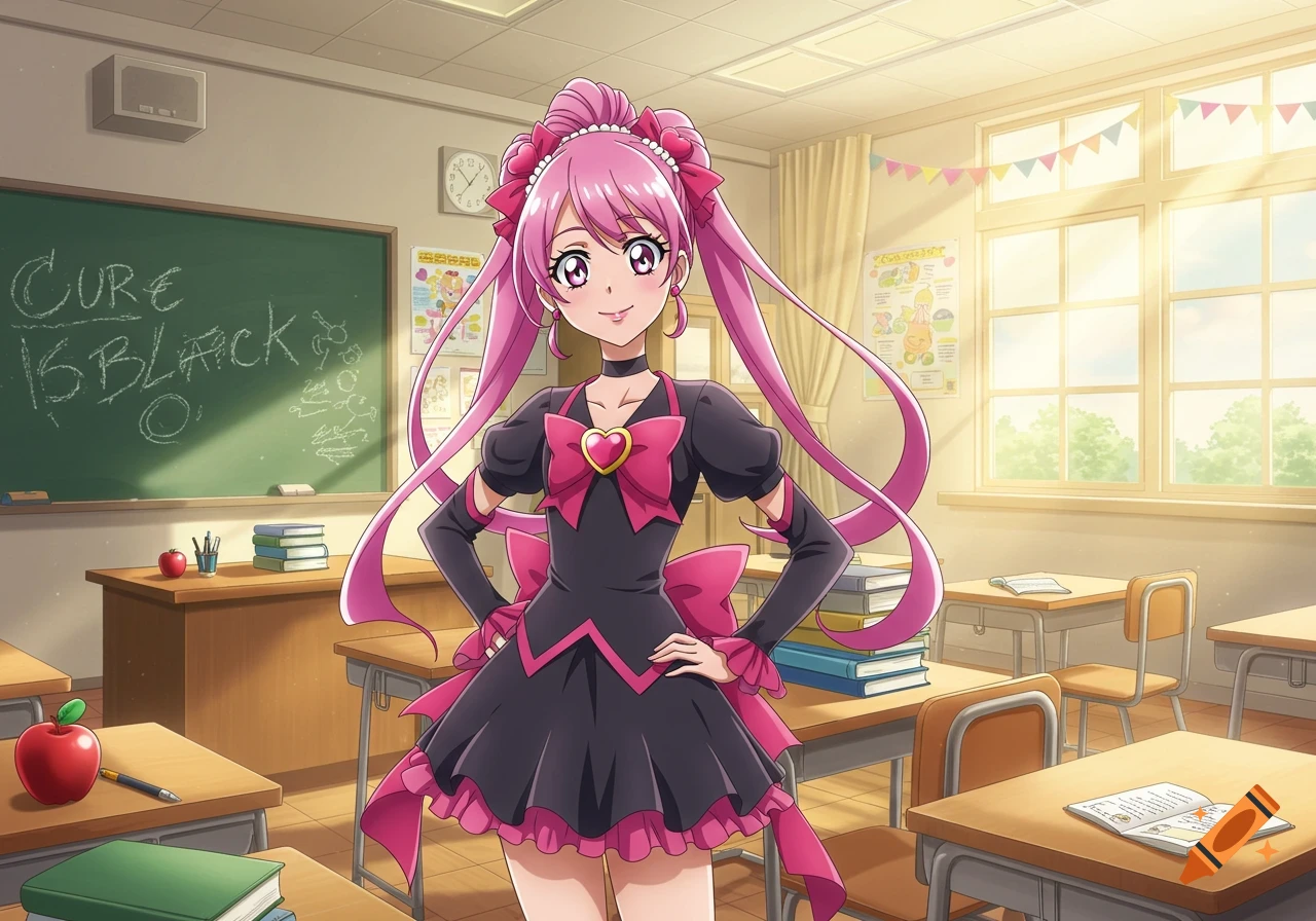 A pink-haired anime girl in a black and pink dress stands in a classroom with 'CURE IS BLACK' written on the blackboard.