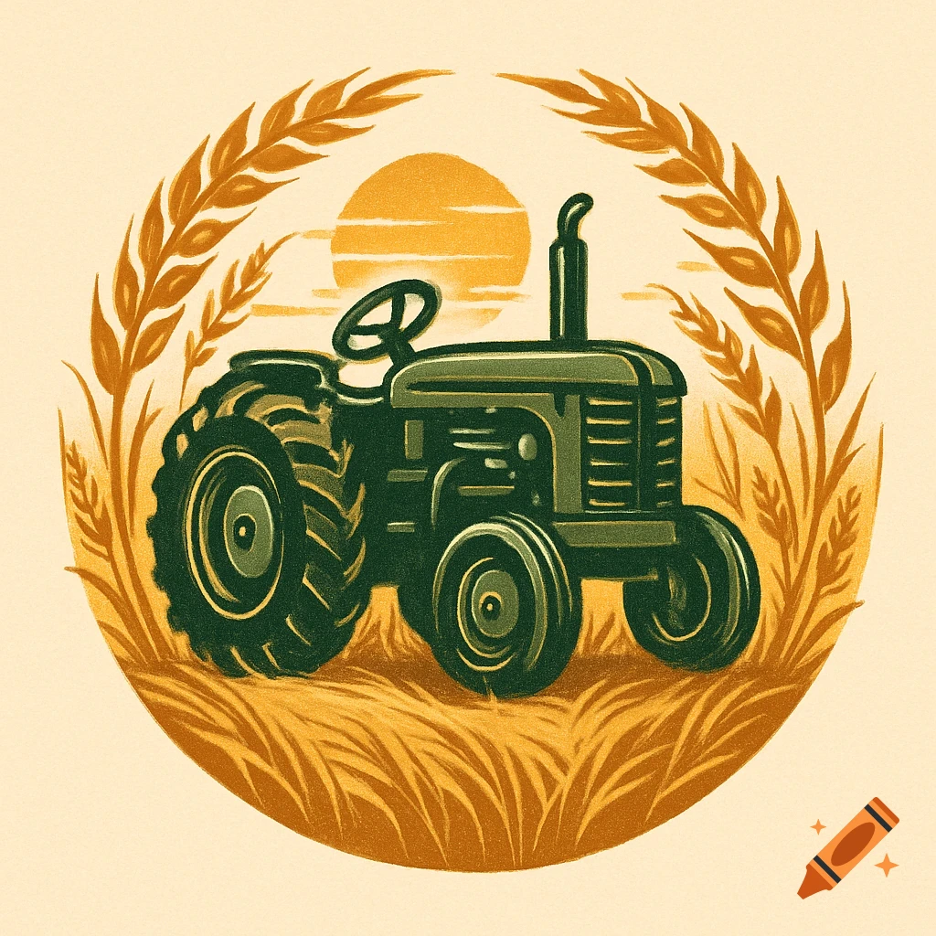Stylized illustration of an old green tractor in a field of wheat under a setting sun, framed in a circular design.