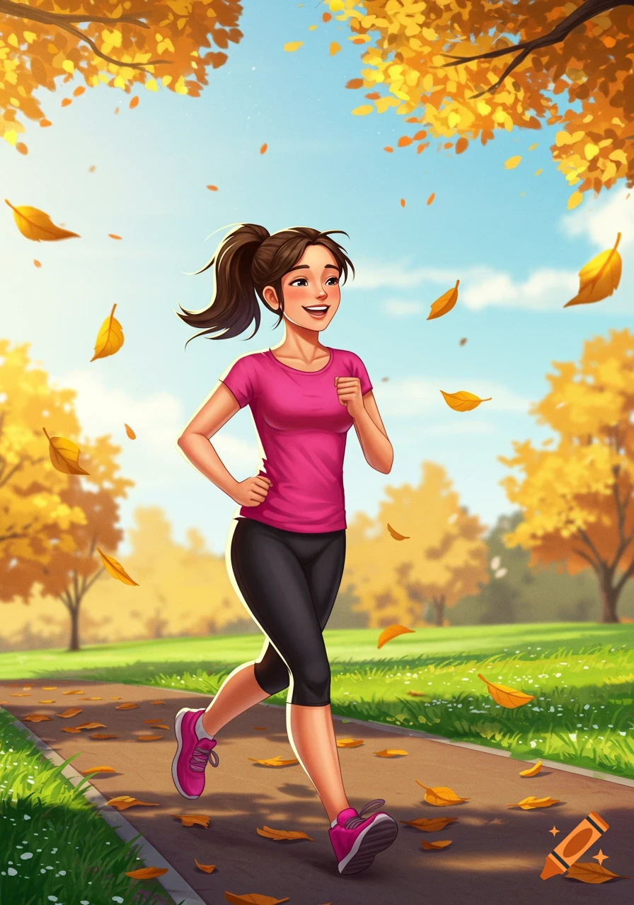 An illustration of a happy female runner on a path in an autumn park with falling yellow leaves.