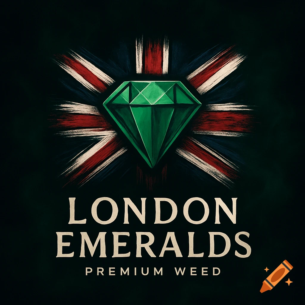 A logo featuring a green diamond over a brushstroke Union Jack flag, with text 'London Emeralds Premium Weed'.