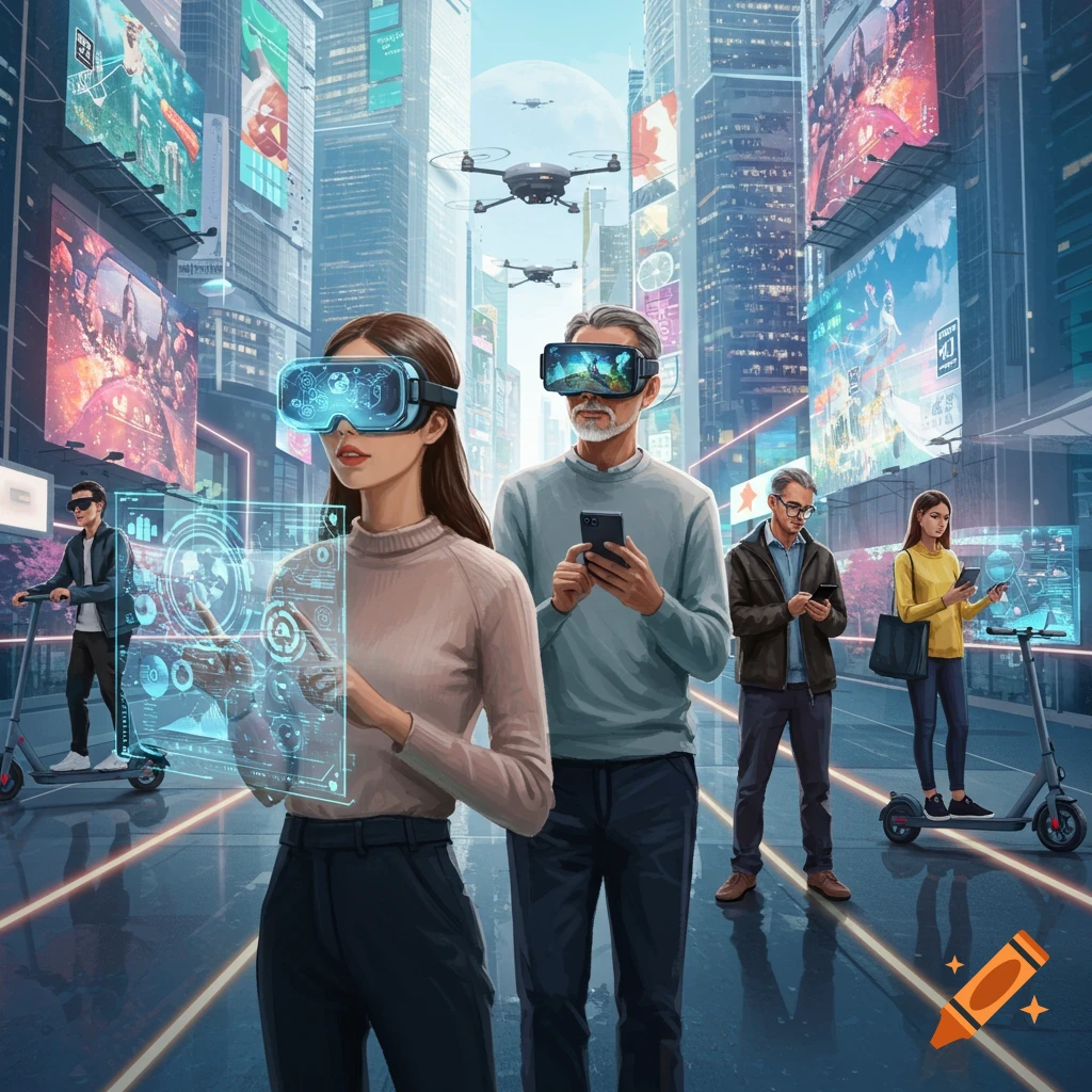 People in a futuristic city using virtual and augmented reality headsets, with drones flying and large digital billboards in the background.