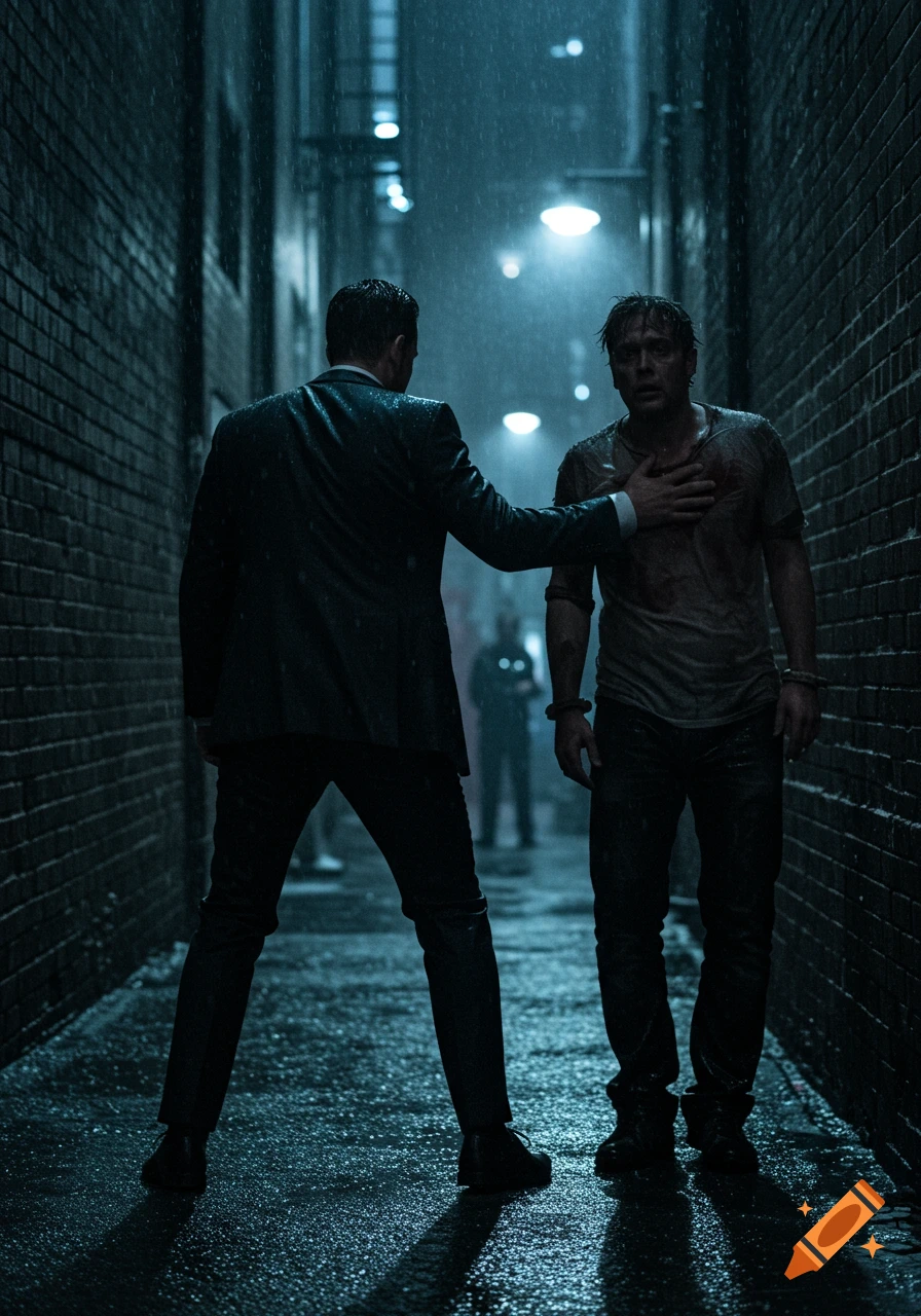 Two men in a dark, rainy alley; one in a suit places a hand on the chest of a distressed man, cinematic.