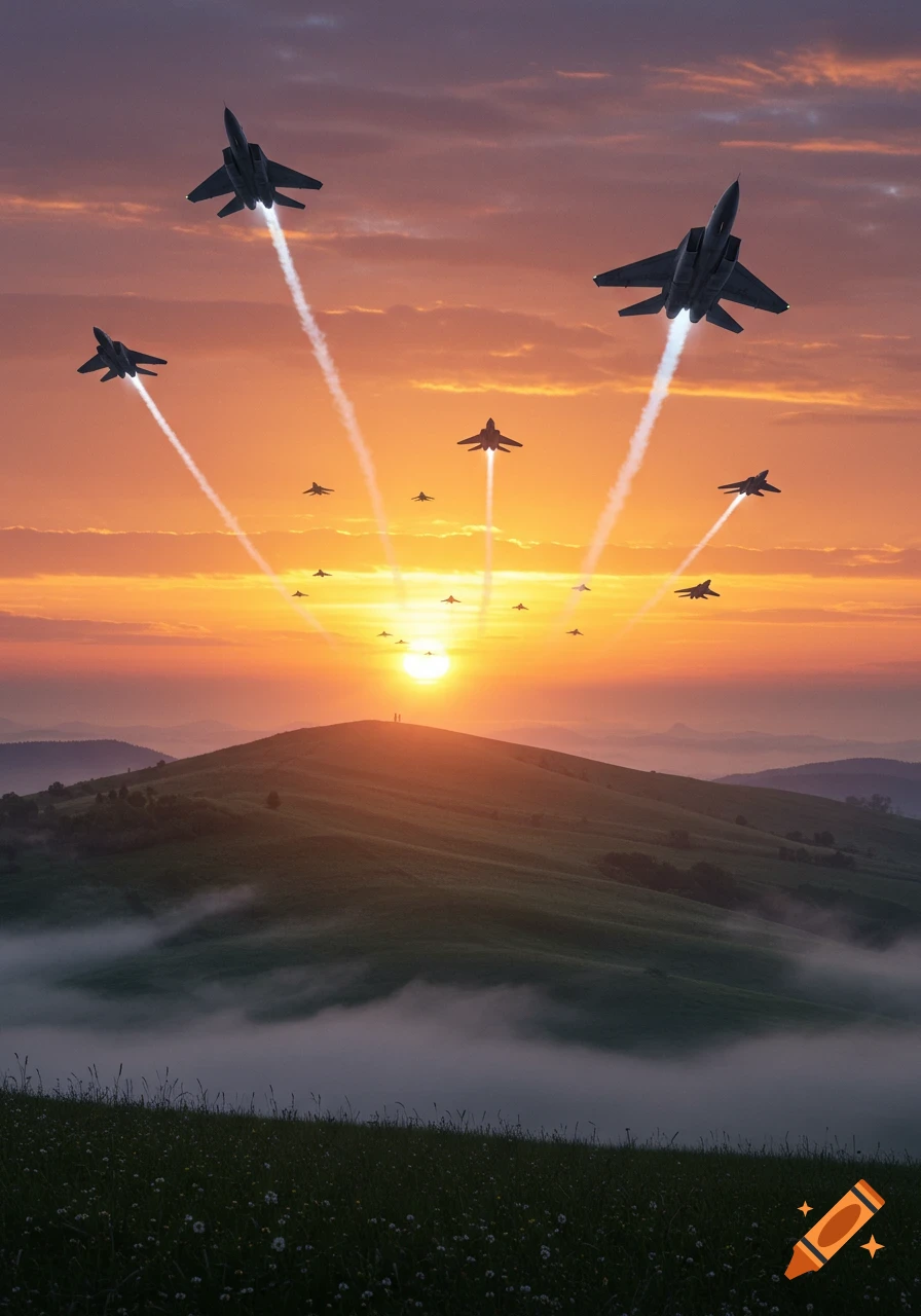 Fighter jets fly over rolling green hills with fog in the valleys during a vibrant sunrise.
