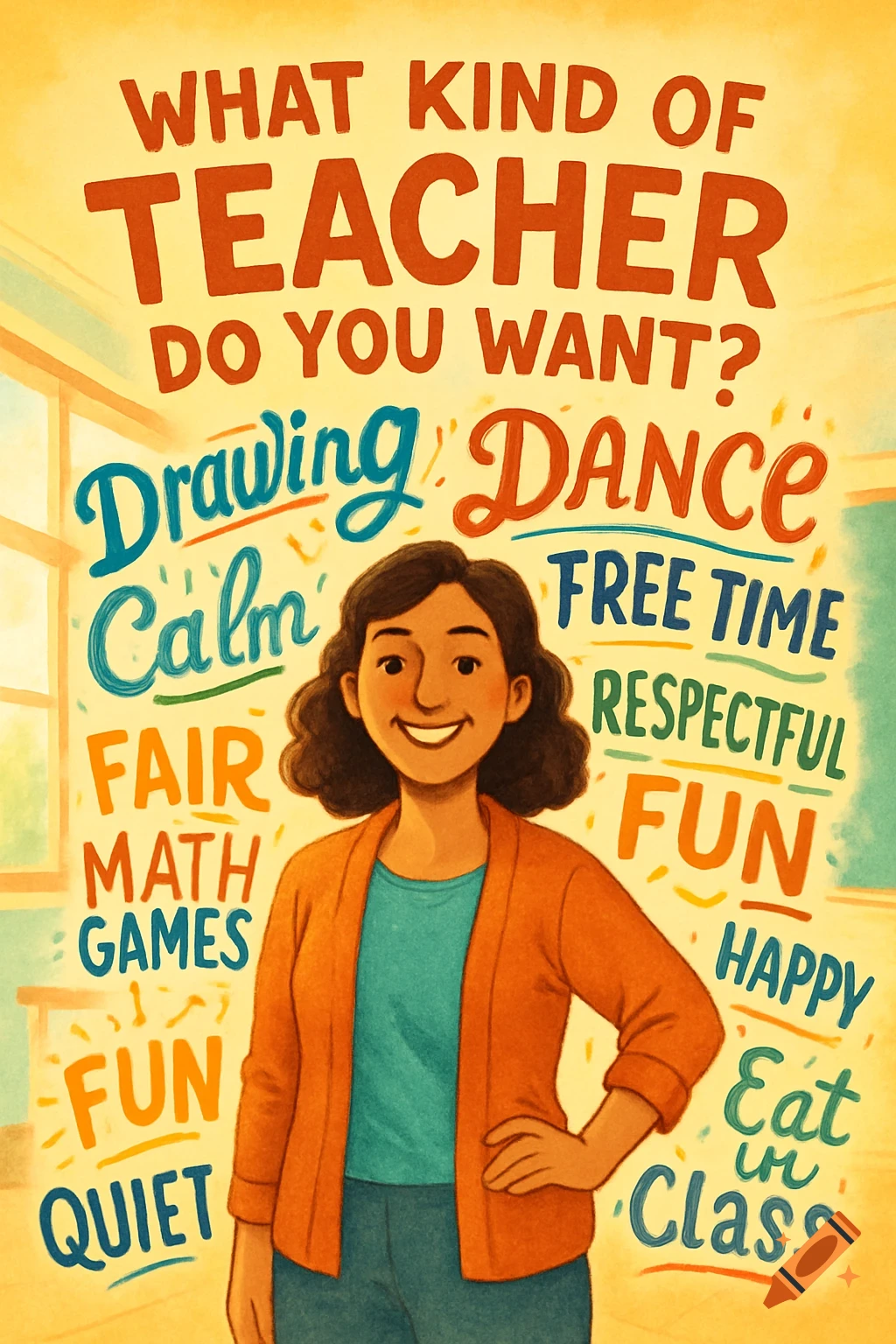 An illustration of a smiling female teacher in a classroom with text asking "WHAT KIND OF TEACHER DO YOU WANT?" surrounded by words like "Drawing", "Dance", "Calm", and "Fun".