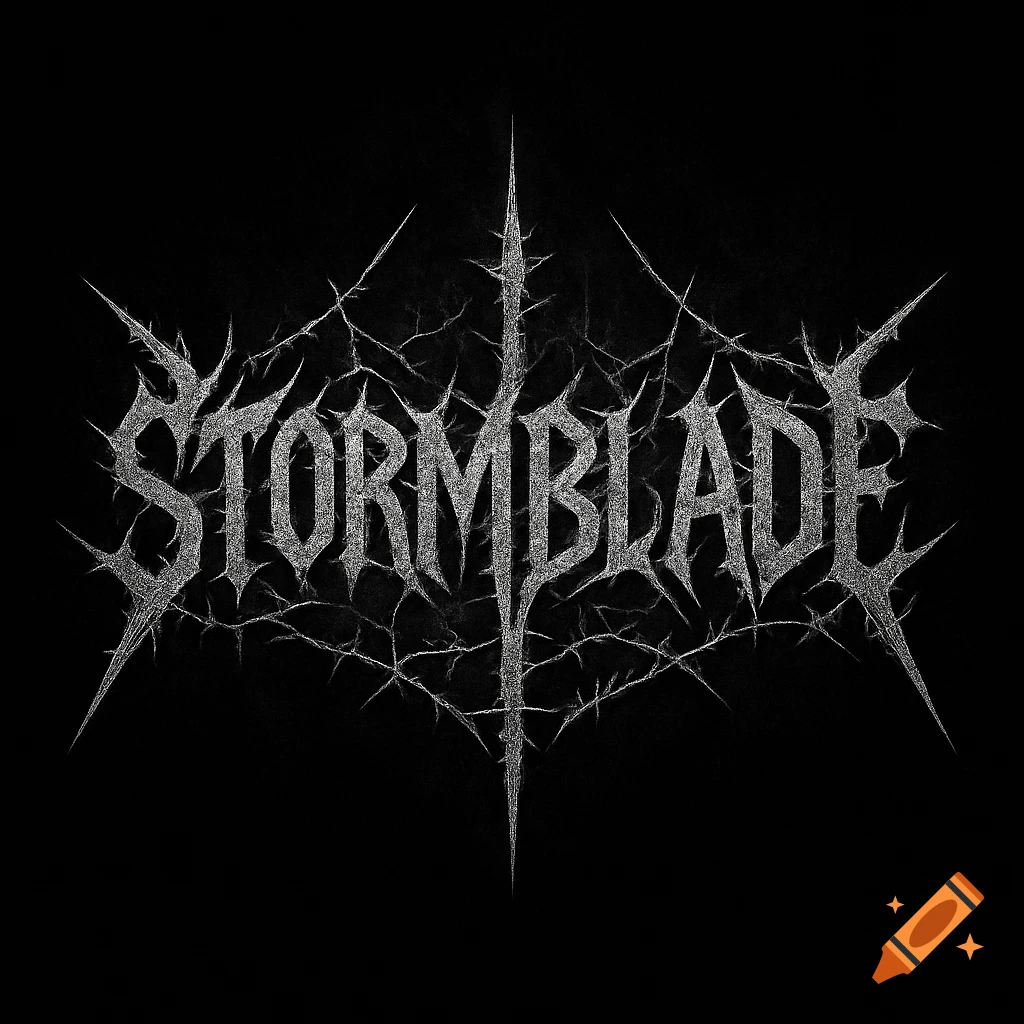 Black and white metal band logo for 'STORMBLADE' with thorny, cracked text design.