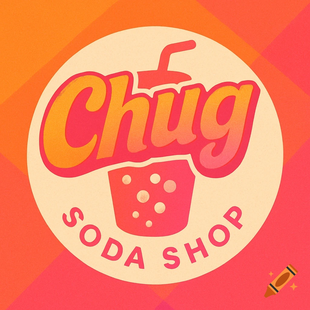 A vibrant orange and pink logo for 'Chug Soda Shop,' featuring a stylized soda cup with a straw.