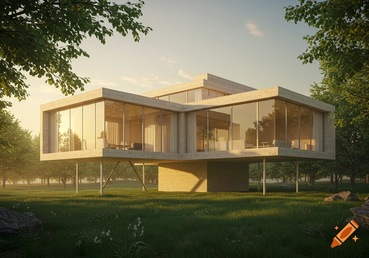 A modern, minimalist concrete and glass house stands on stilts amidst a lush green landscape with trees under a bright sky.