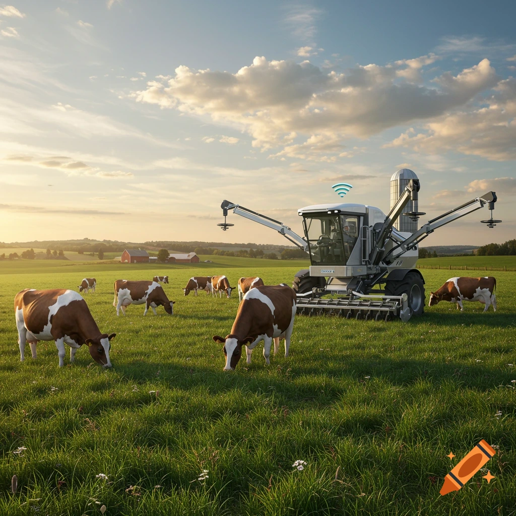 Photorealistic image of a futuristic agriculture machine scanning cows in a green pasture at sunset.