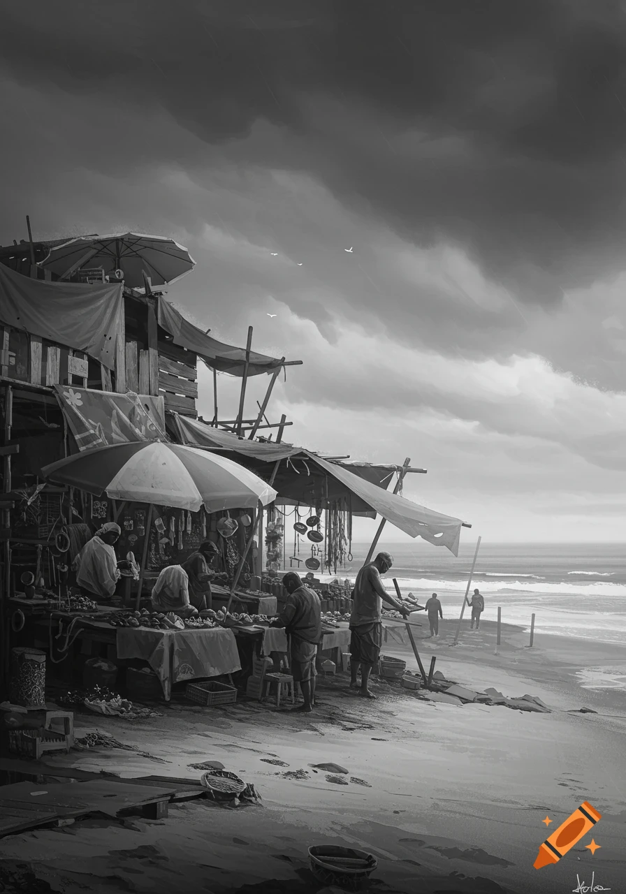 Monochrome illustration of a dilapidated beach market with makeshift stalls and people selling trinkets under a cloudy sky.