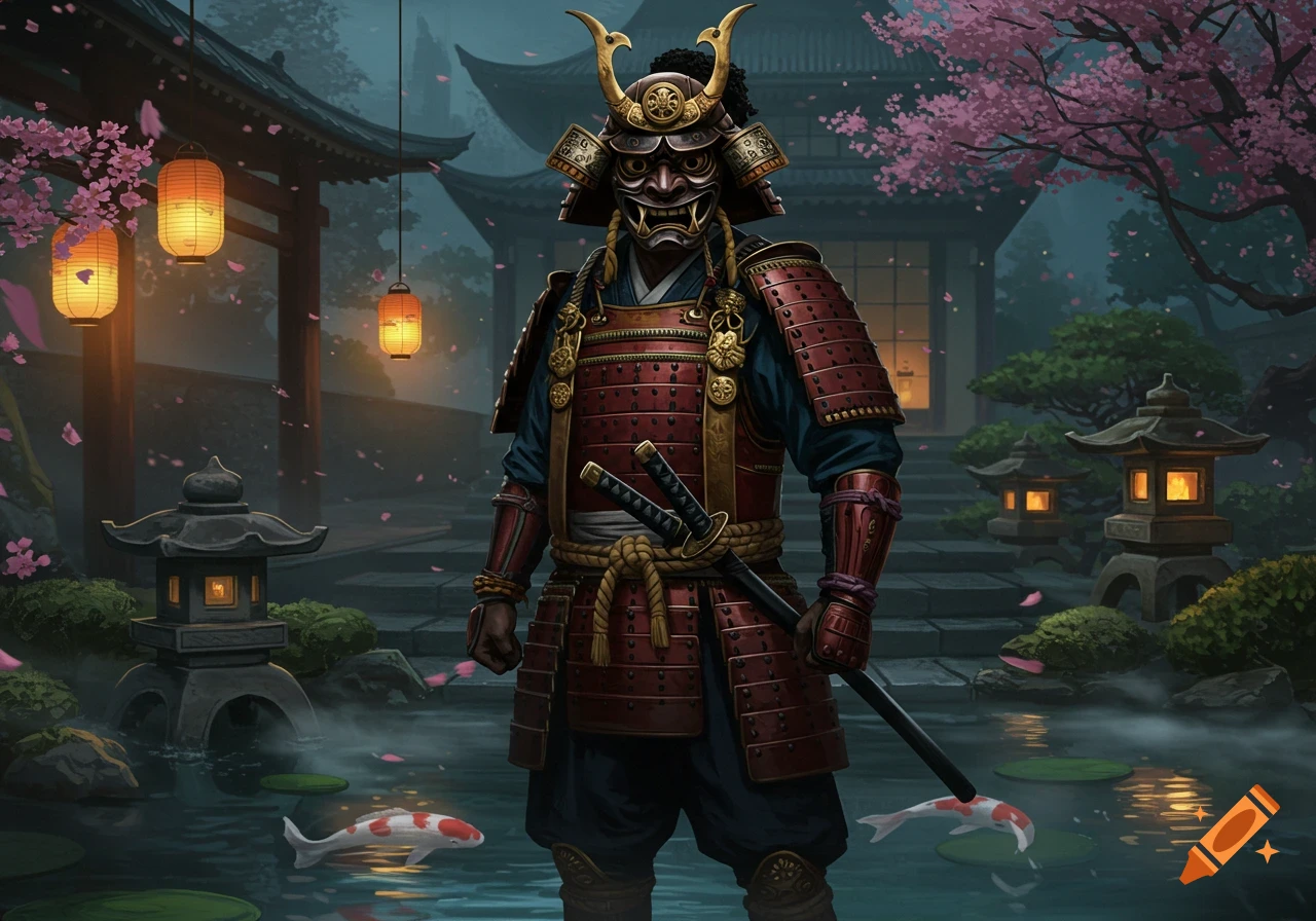 A samurai in red and gold armor with a fearsome mask stands in a moonlit Japanese garden with cherry blossoms, lanterns, and koi fish.