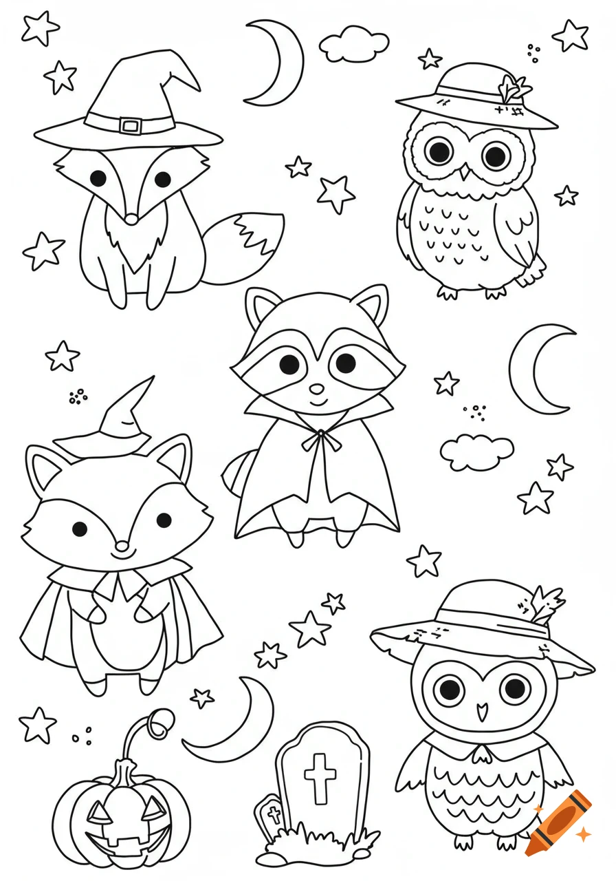 Black and white coloring page with cute cartoon Halloween animals like foxes, owls, and a raccoon, plus pumpkins and stars.