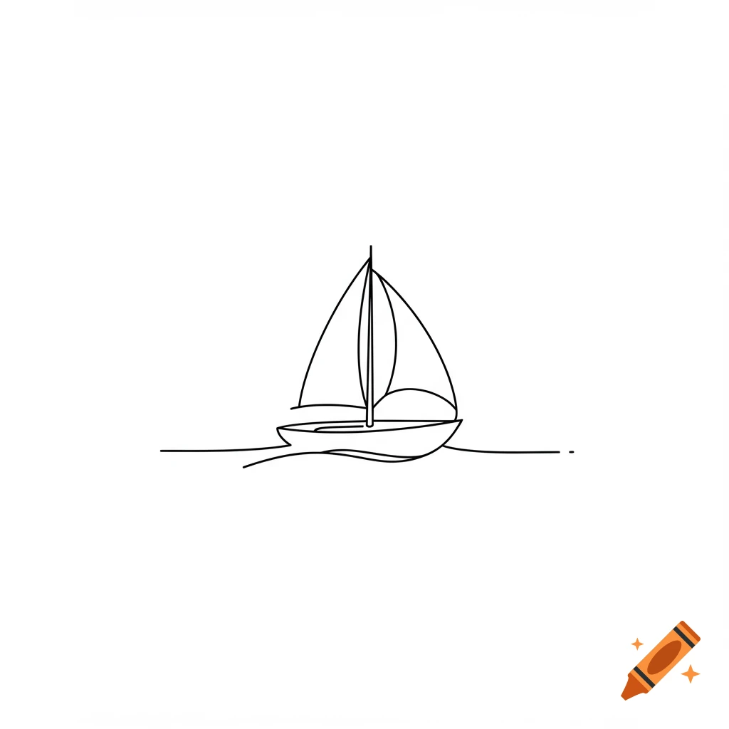 A simple black line drawing of a sailboat on water.