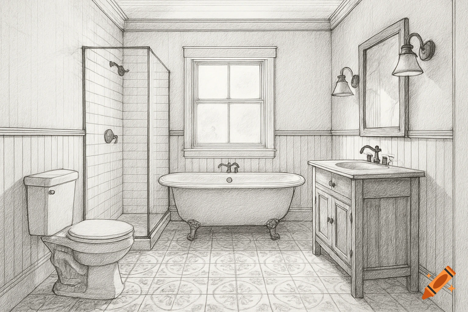 Black and white sketch of a farmhouse-style bathroom with a clawfoot tub, wooden vanity, toilet, and glass shower panel.