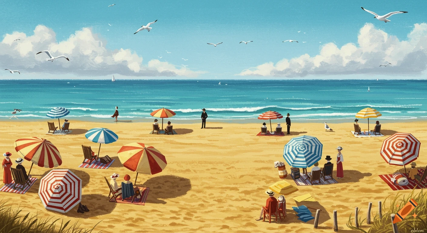 A wide, painterly beach scene with people under colorful umbrellas on the sand by the blue ocean, with seagulls flying above.