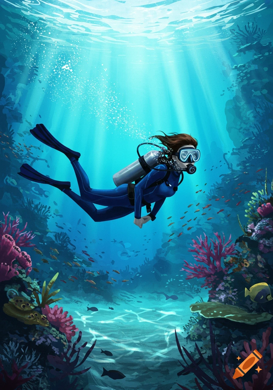 A person in a blue wetsuit and scuba gear dives through a vibrant coral reef, with sun rays piercing the clear blue water.