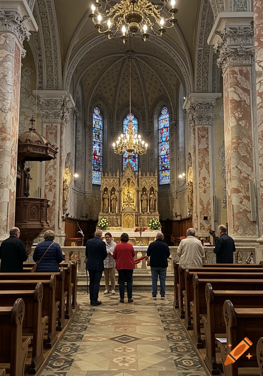 Interior view of a grand Catholic church with ornate architecture, stained glass windows, and people standing in the aisle facing the altar.