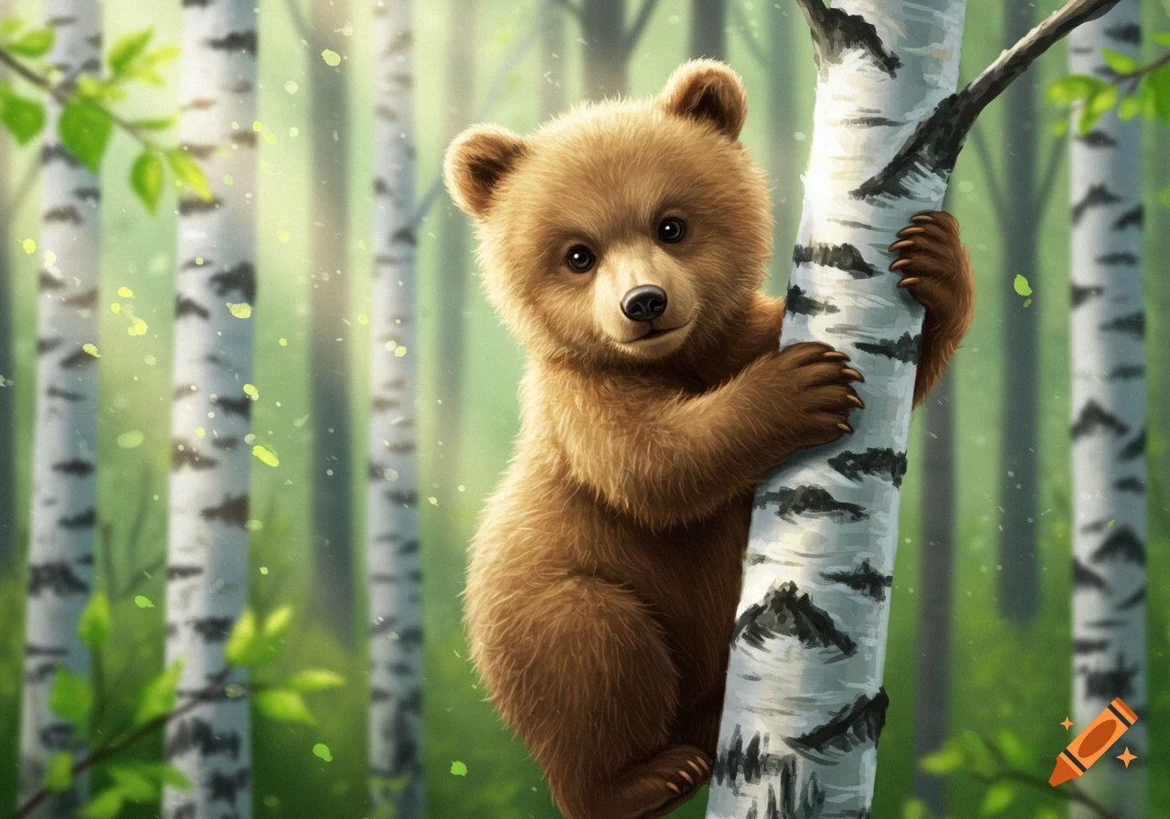 A cute fluffy brown baby bear with big eyes clings to the white trunk of a birch tree in a sun-dappled forest, illustration.