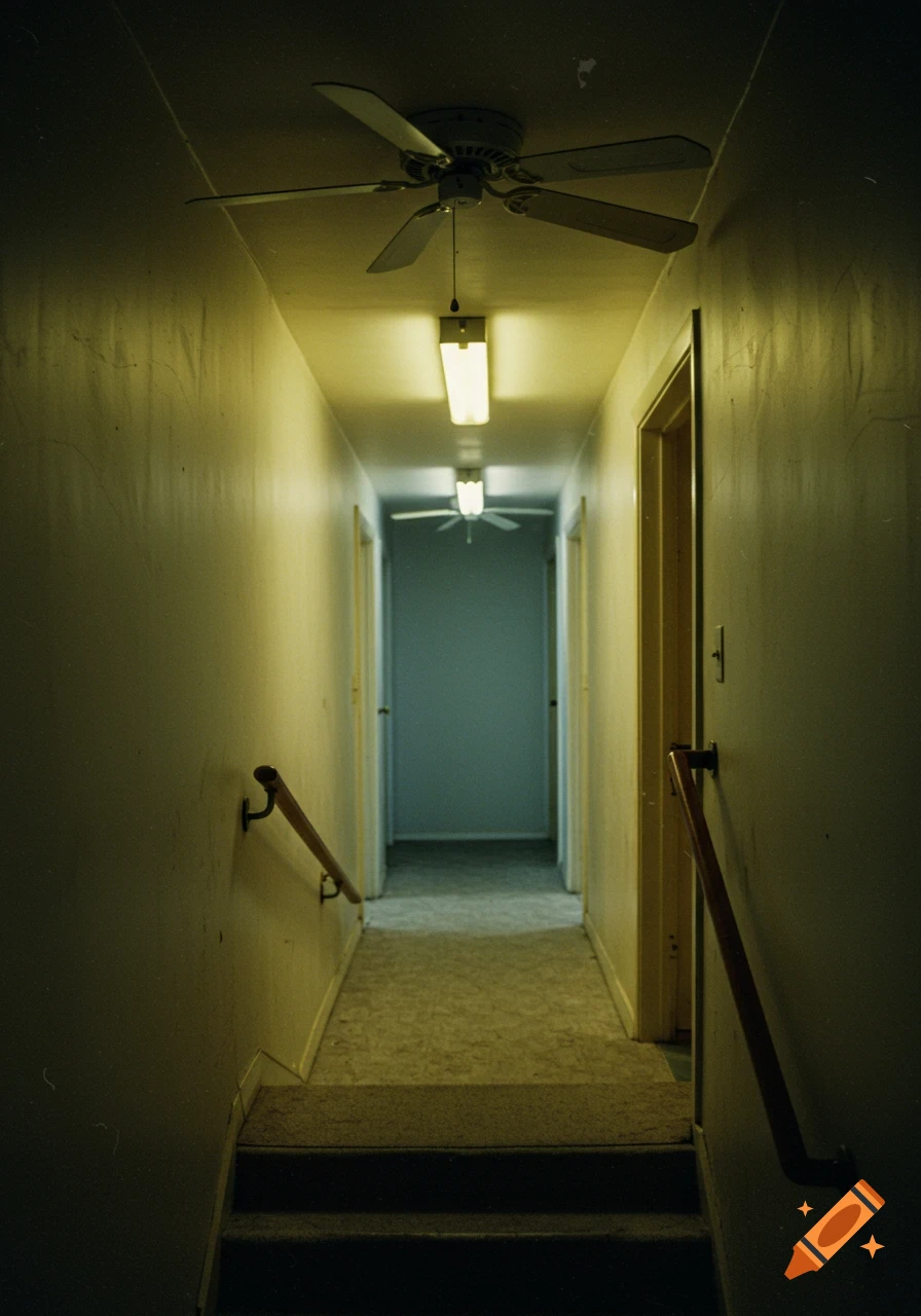 A dim, yellowish-lit hallway with stairs leading up, a ceiling fan overhead, and another fan in the distance, in a grainy 2000s photo style.