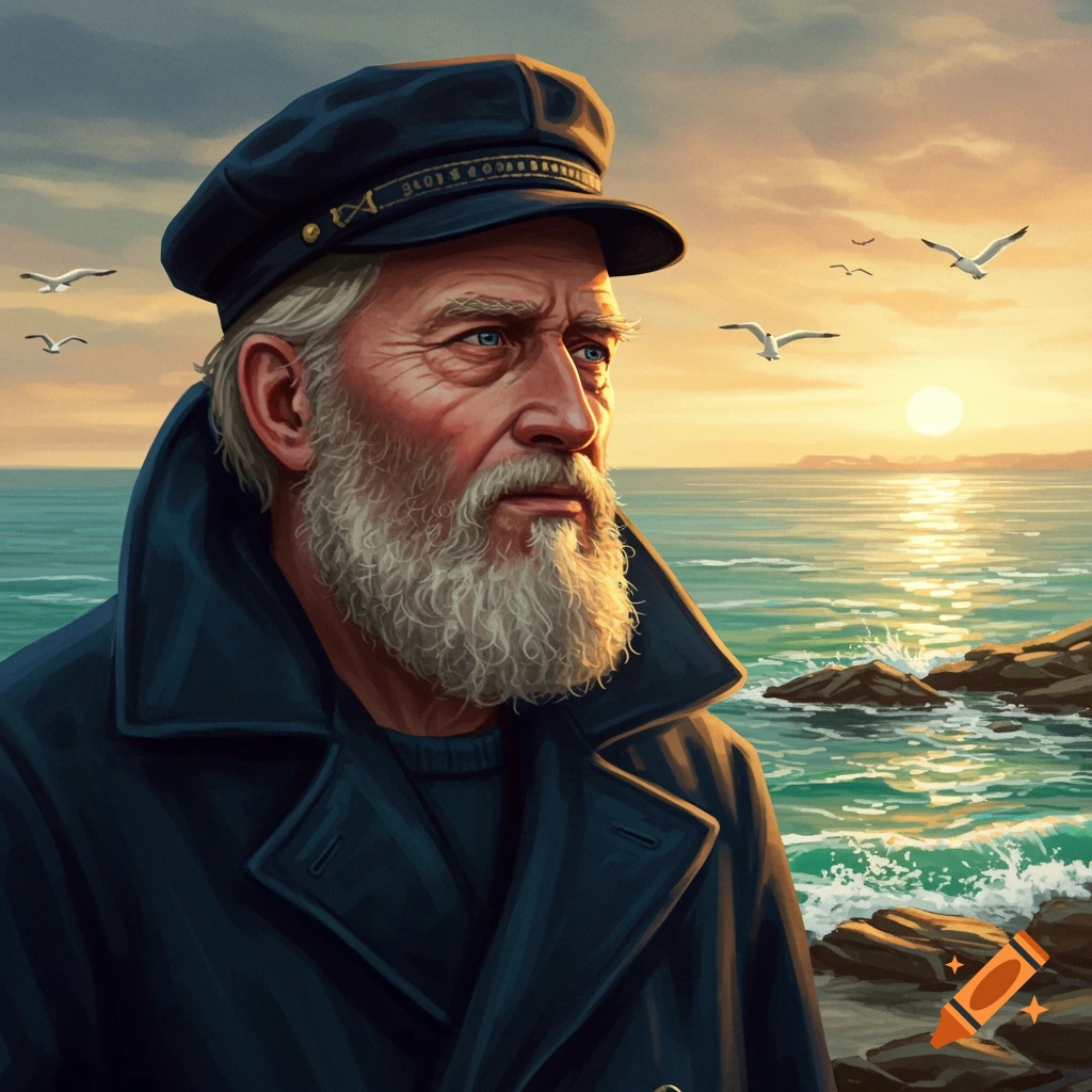 A grizzled old sailor in a dark coat and cap looks out at the sea during sunset, with seagulls flying overhead.