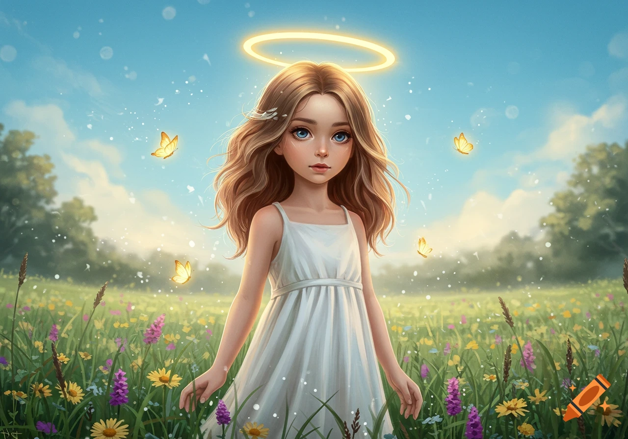 A young girl with a glowing halo stands in a vibrant wildflower field with butterflies.