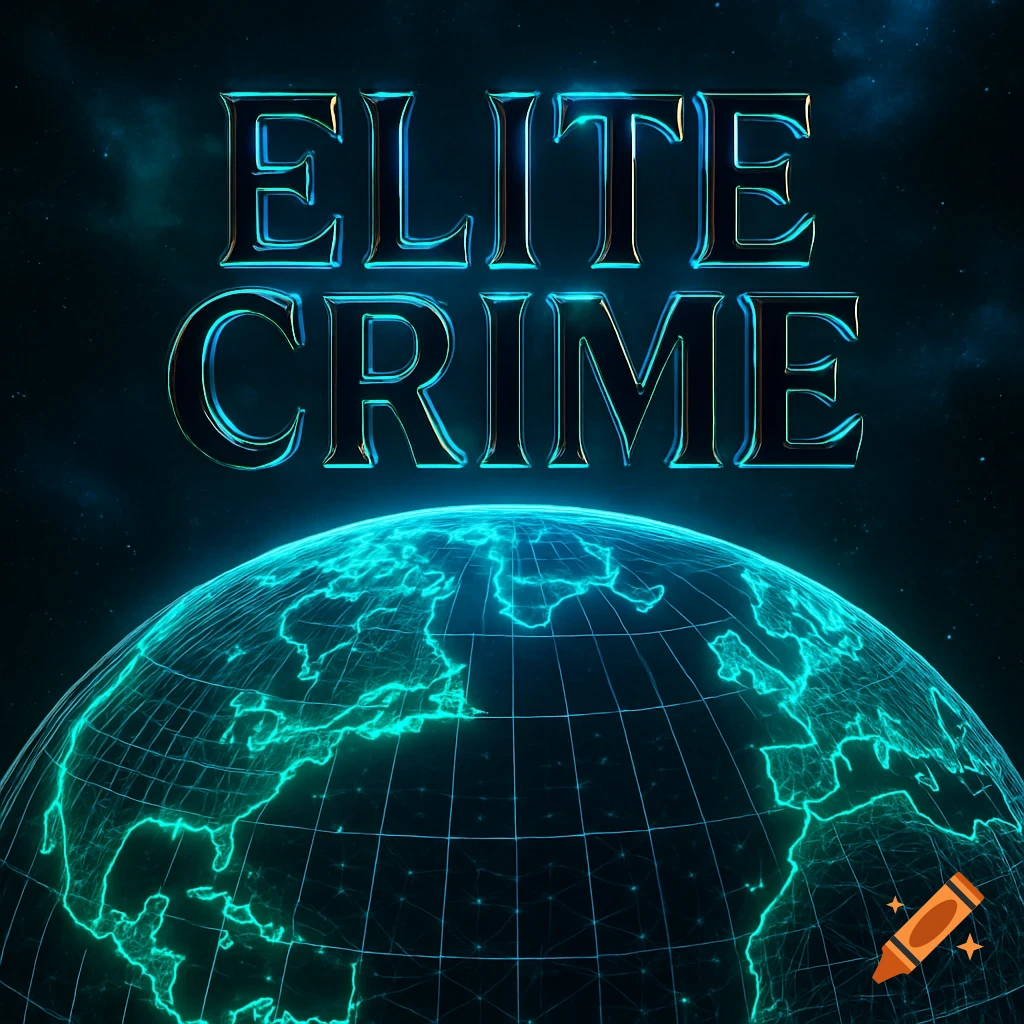 The words 'ELITE CRIME' in metallic, glowing blue letters above a luminous blue wireframe globe in space.