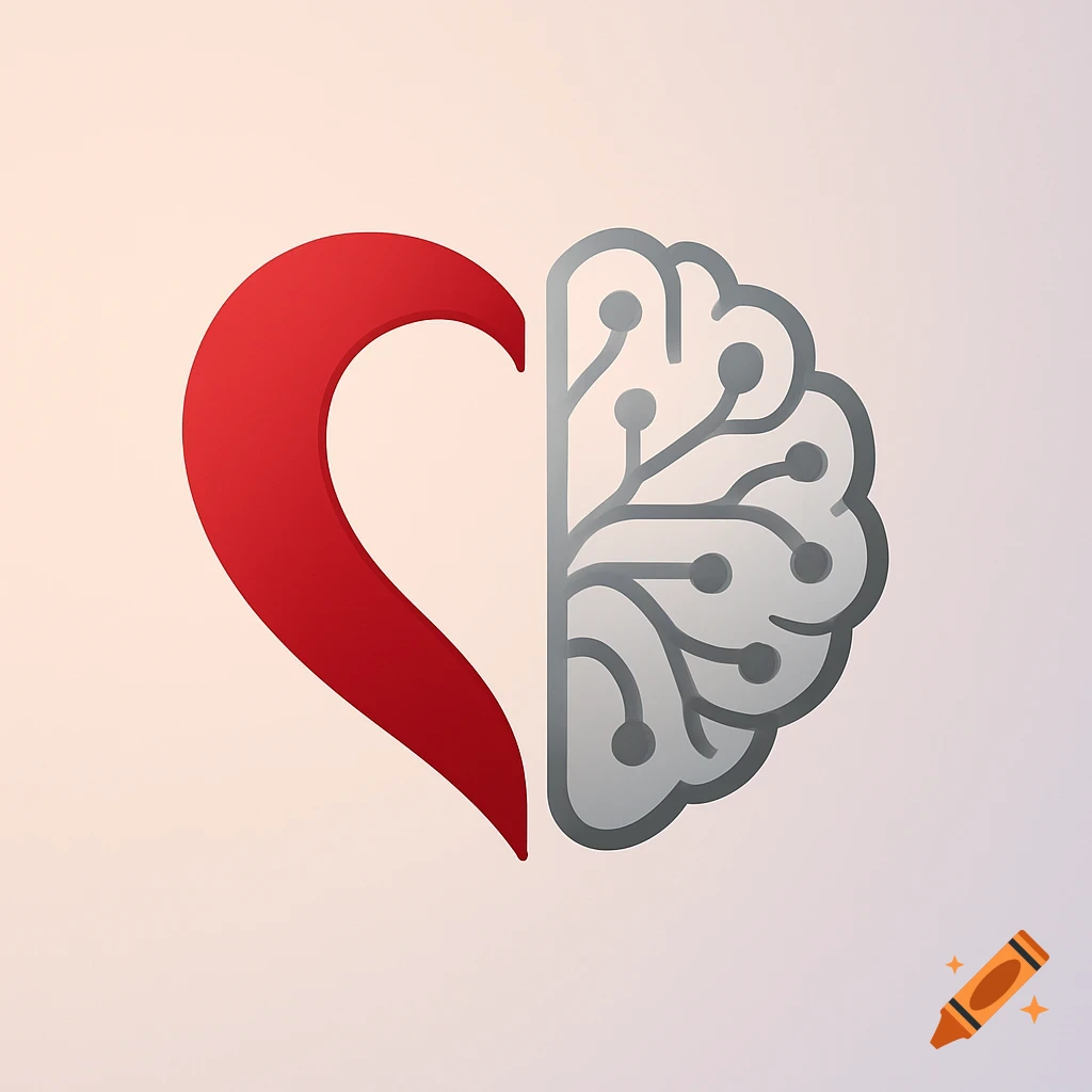 A logo depicting half a red heart and half a gray brain with neural network patterns, symbolizing harmony.