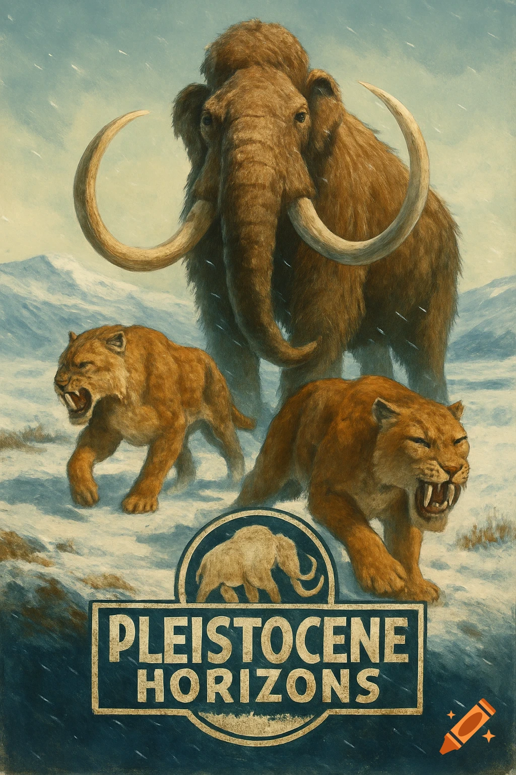 A large woolly mammoth and two saber-toothed tigers stand in a snowy prehistoric landscape. A logo at the bottom reads "PLEISTOCENE HORIZONS."