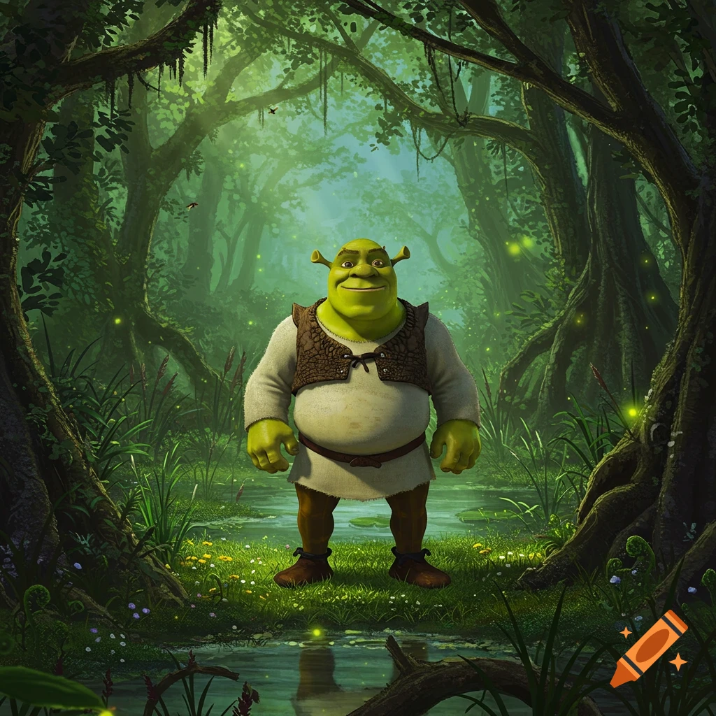 Shrek stands smiling in a lush green swampy forest with fireflies twinkling around him.