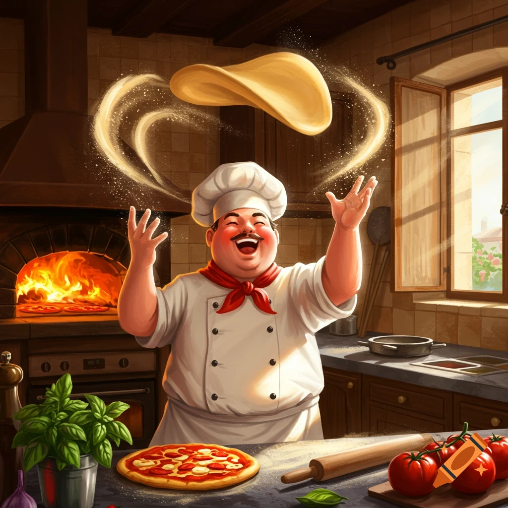 A cheerful chef in a white hat and red scarf tosses pizza dough in a rustic kitchen with a wood-fired oven. A pizza is on the counter.
