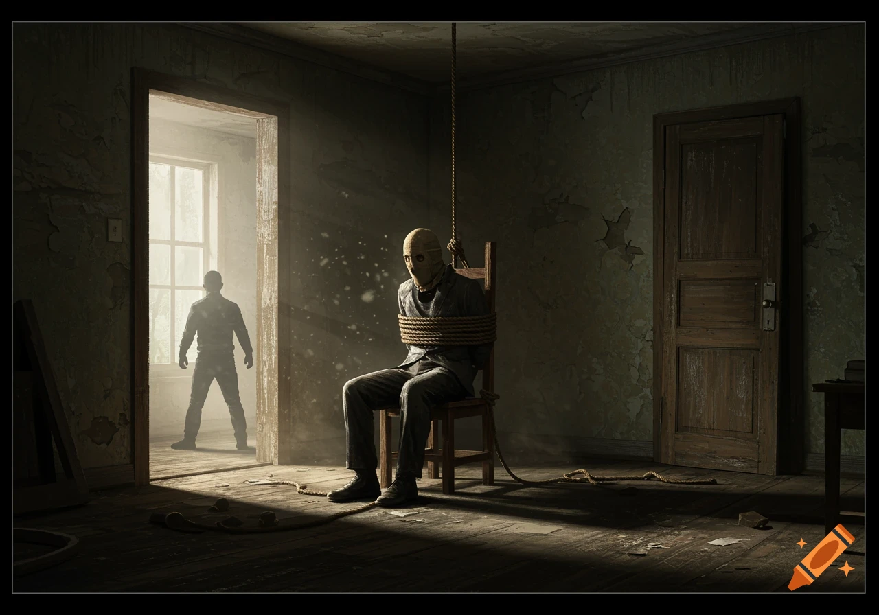A kidnapped man in a hood is tied to a chair in a dark, dilapidated room as a rescuer stands in a bright doorway.