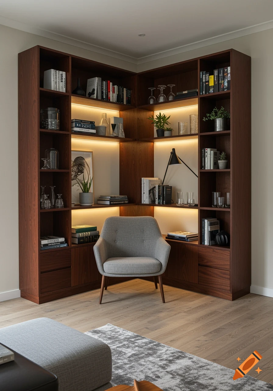 A modern living room corner with an L-shaped wooden bookshelf unit, illuminated by LED strips, and a grey armchair.