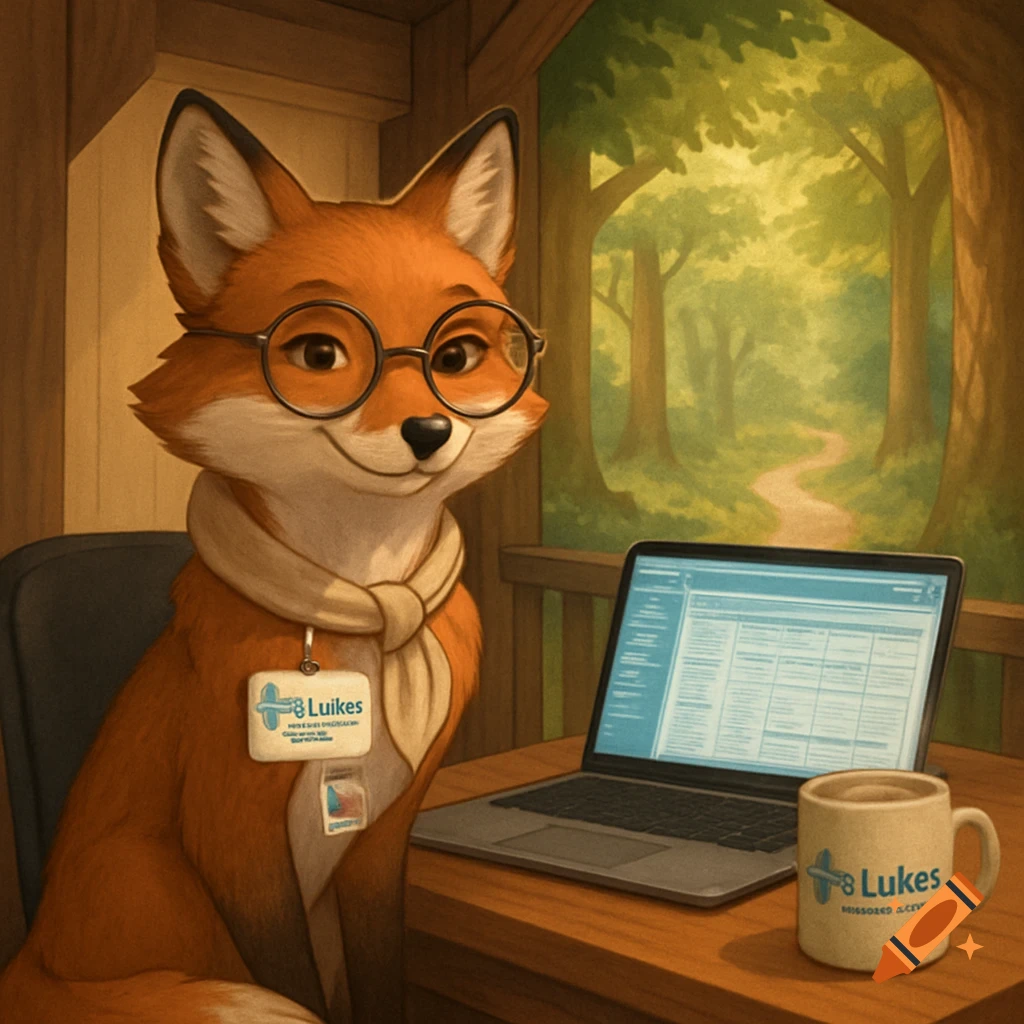 A friendly, intelligent anthropomorphic fox wearing glasses and a scarf, sitting at a desk with a laptop and coffee mug in a cozy treehouse.