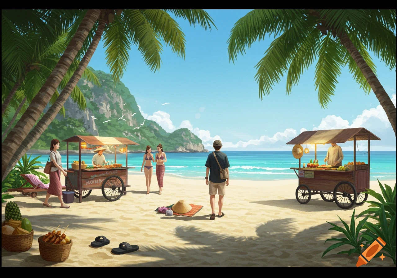 A semi-realistic illustration of a sunny tropical beach with palm trees, people, and Thai food carts by the clear blue ocean.