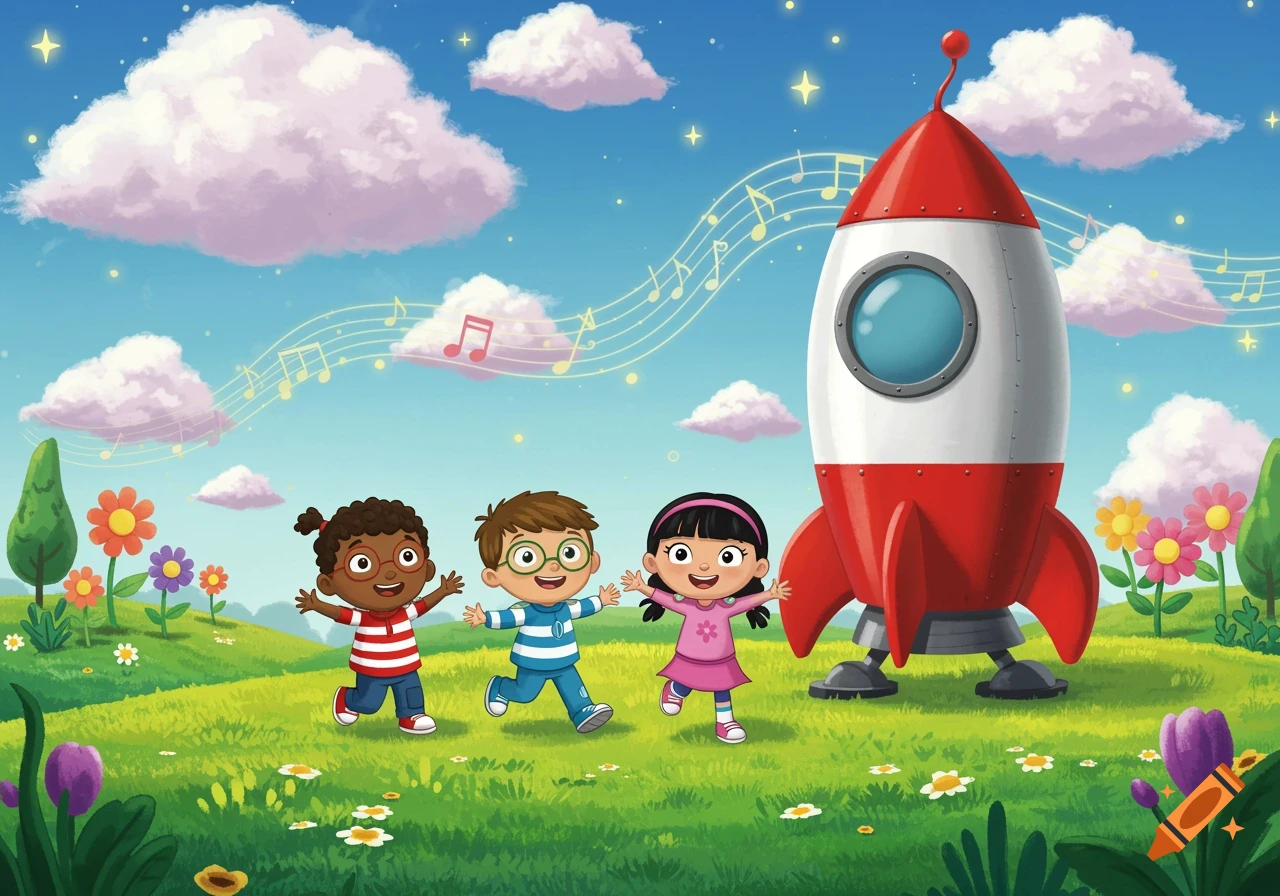 Three happy cartoon children, a diverse group, play in a green field with a red and white rocket under a blue sky with musical notes.