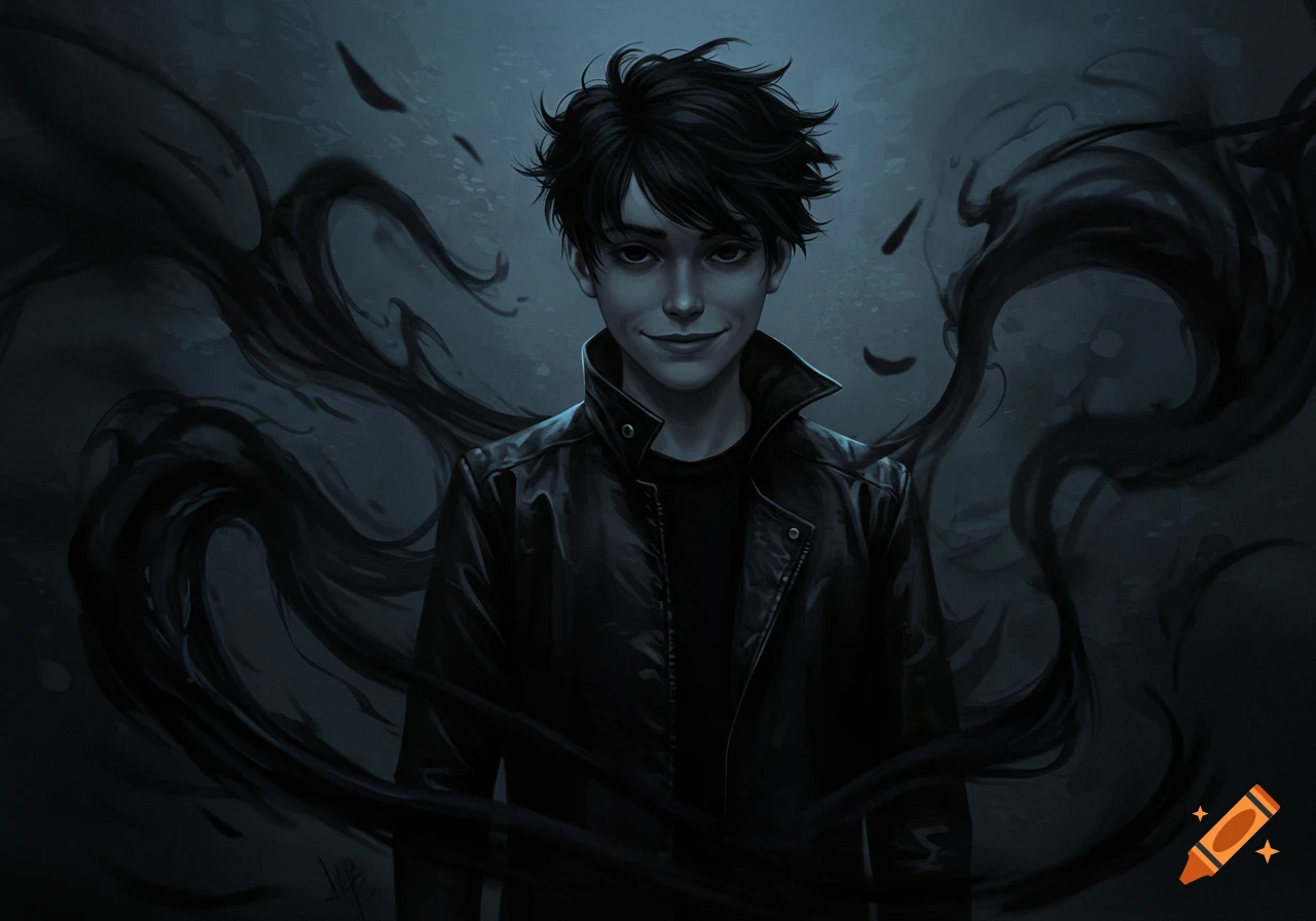 A dark digital illustration of a young man with black hair and a leather jacket, surrounded by swirling black smoke.