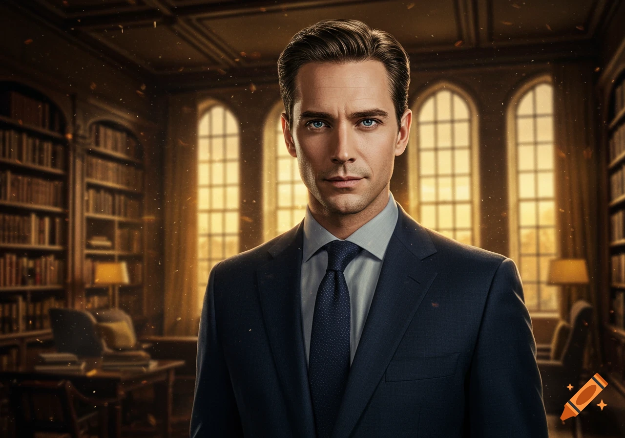 A photorealistic portrait of a man in a dark suit and blue tie, standing in a grand library with large windows.