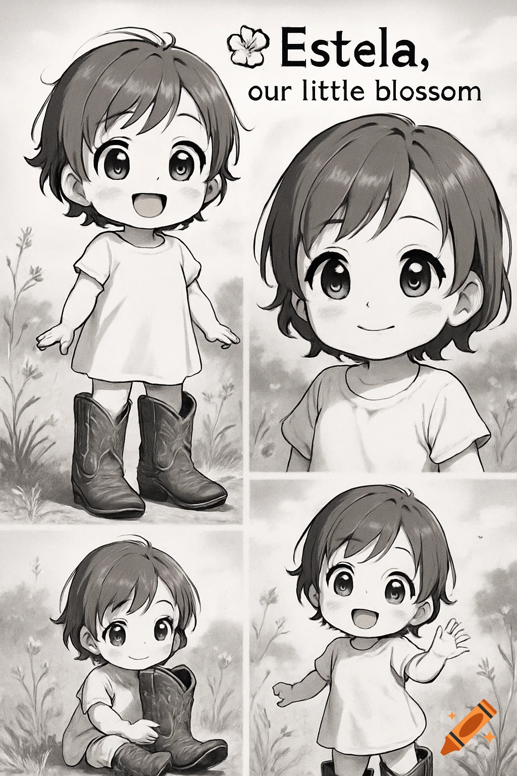Black and white anime collage of a baby in cowboy boots, standing, smiling, holding a boot, and waving, with the text 'Estela, our little blossom'.
