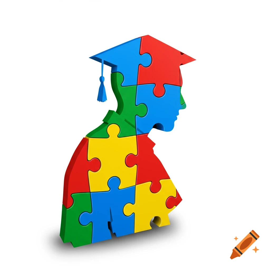 A 3D silhouette of a student wearing a graduation cap, composed of colorful puzzle pieces on a white background.