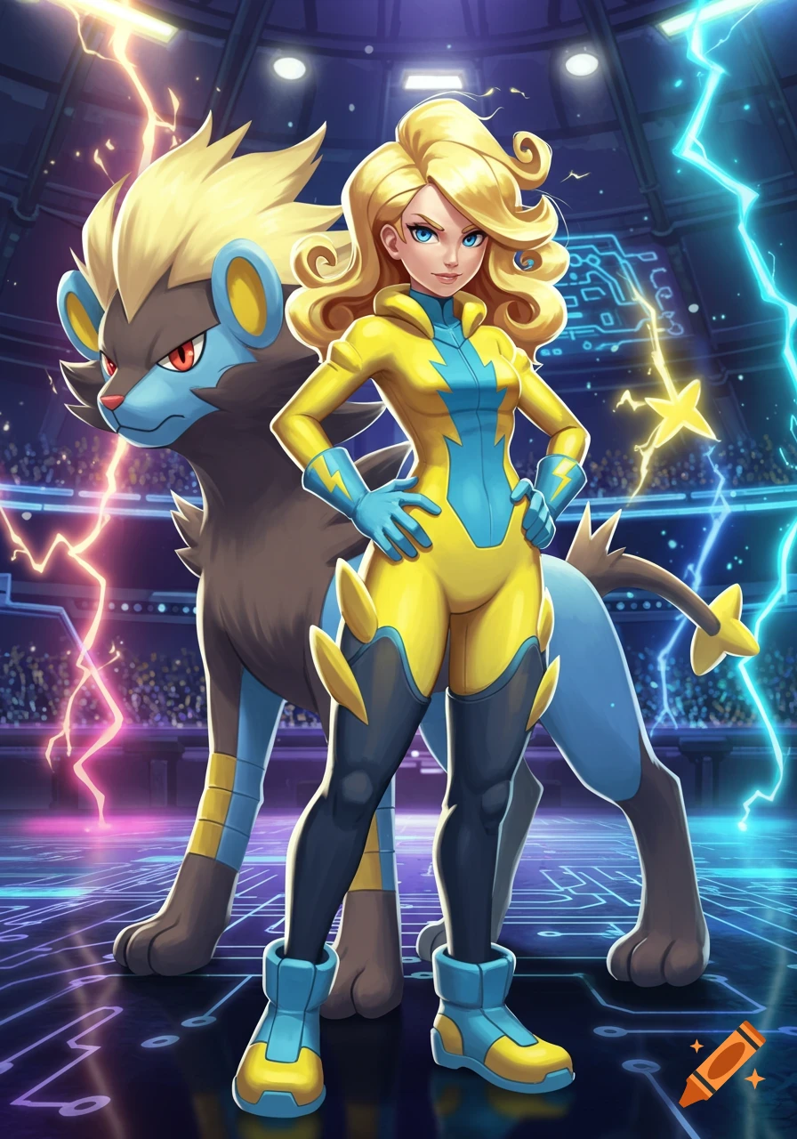 An anime-style illustration of a blonde female electric Pokemon gym leader in a yellow suit standing with a Luxray in an arena with lightning.