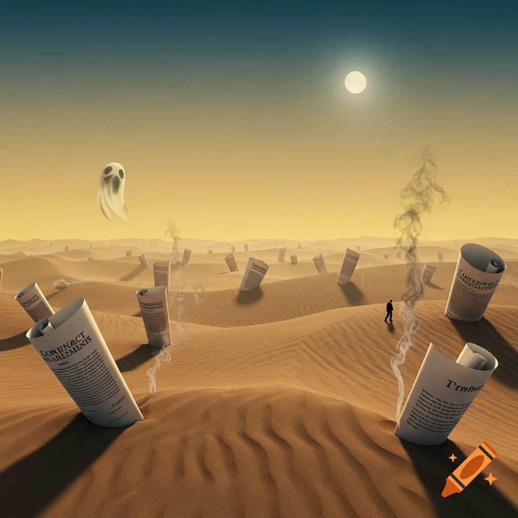 A surreal desert landscape under a full moon, with large scrolls of paper resembling landmines emerging from the sand, and a small ghost figure floating above the dunes.