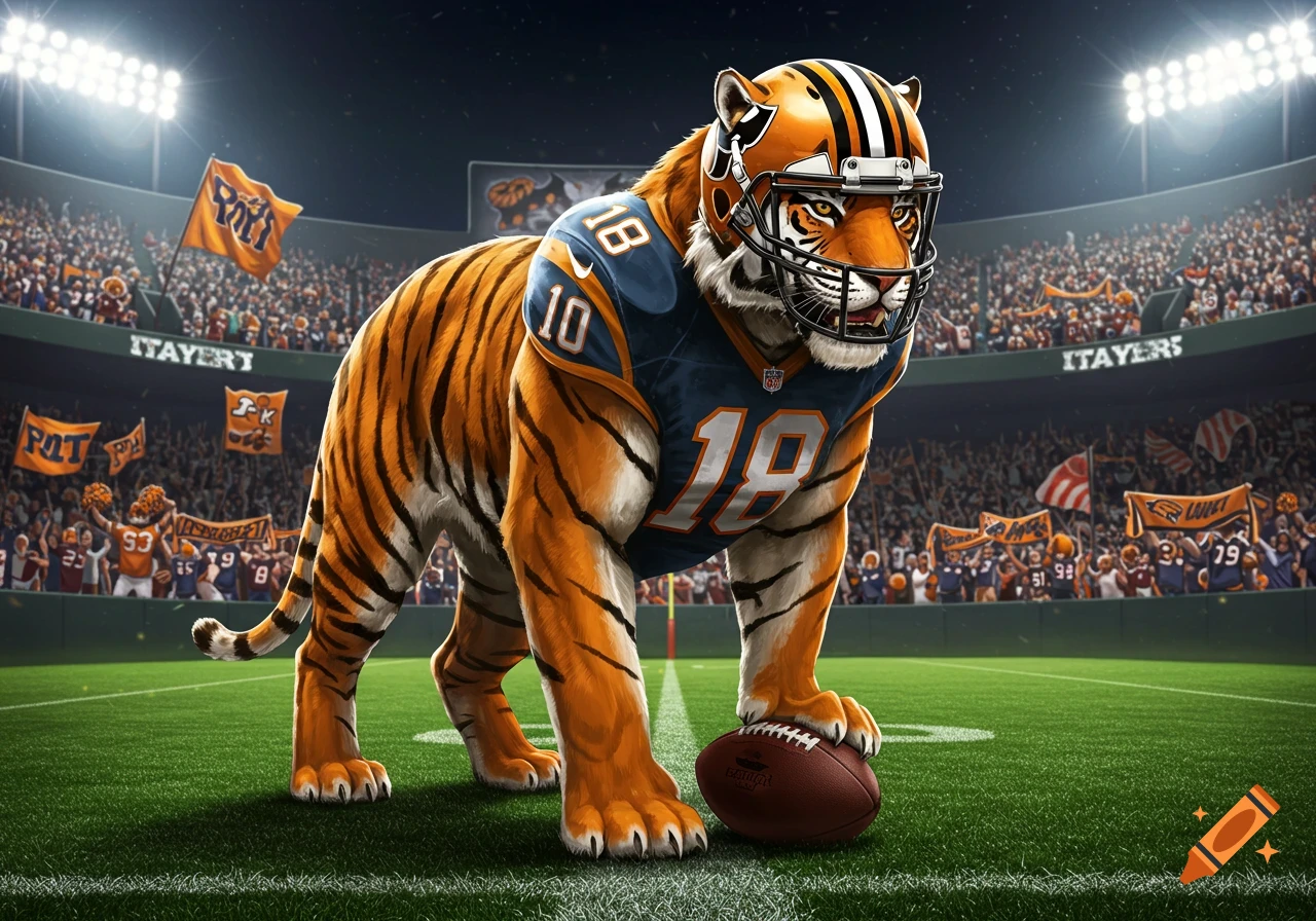 A large, muscular tiger wearing a blue American football jersey and helmet stands on a football field in a stadium filled with cheering fans, with a football near its paws.