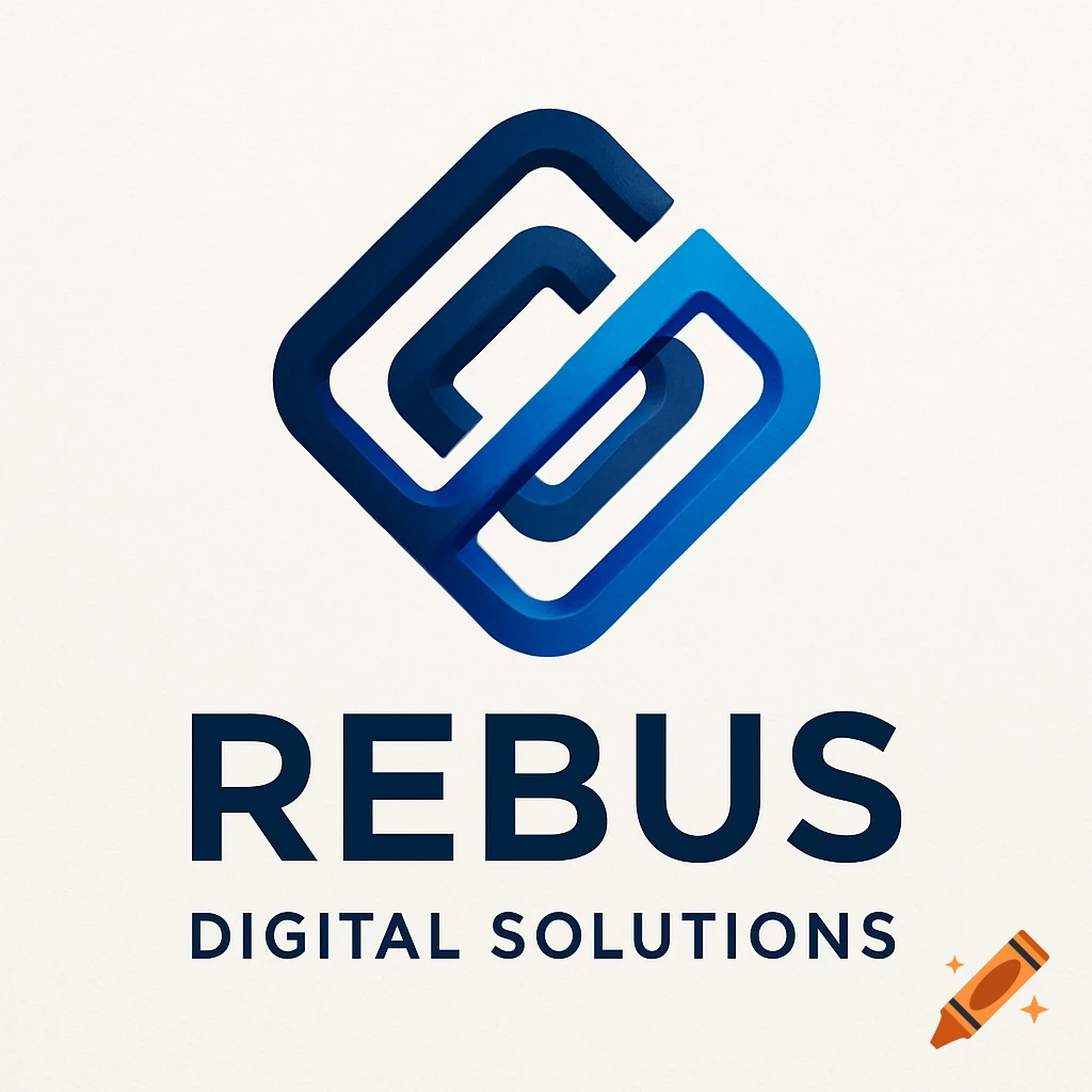 A modern corporate logo for Rebus Digital Solutions, featuring an abstract blue and dark blue geometric design above the company name.