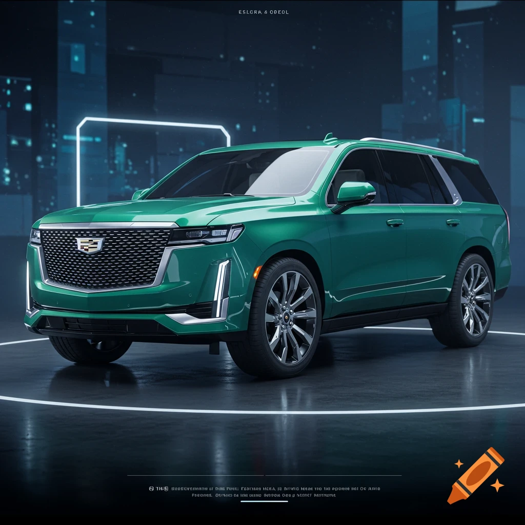 A photorealistic green Cadillac Escalade SUV parked in a futuristic dark setting with neon light outlines.